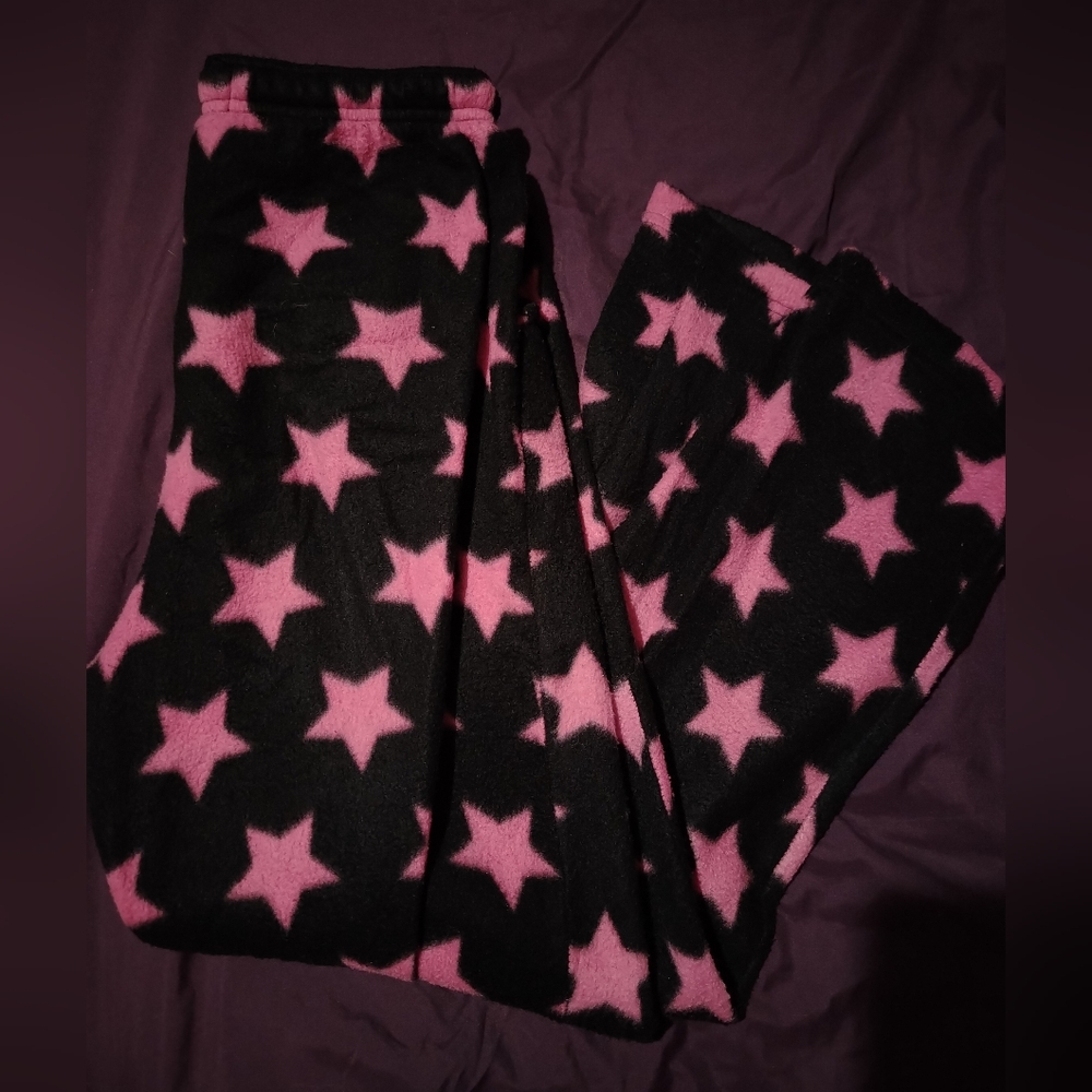SOLD Black Fleece Pajama Bottoms with Pink Star Print Medium